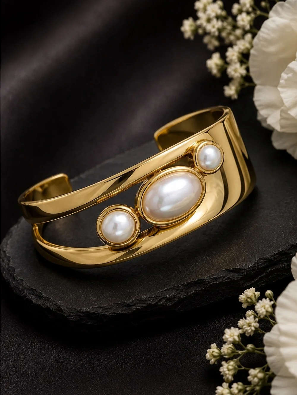 Vintage 18 K Gold plated Cuff Bracelet with Pearl Accents - Picture 9 of 14